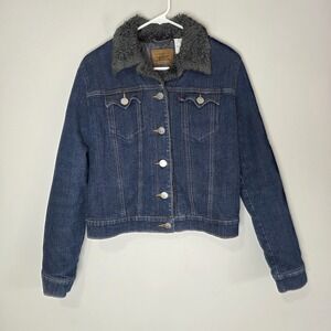 Levis Jacket Womens Large Blue Sherpa Faux Fur Collar Lined Denim Trucker‎